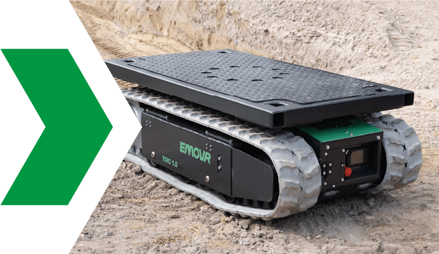 Manufacturer's image of the EMOVR TRC1.5 tracked carrier on rough ground